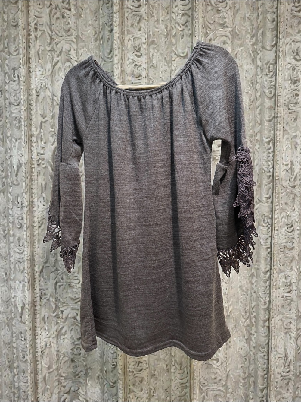 WinWin S-M Gray Crochet-Sleeve Mini Dress